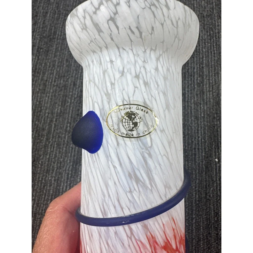Cavalier Glass Art Vase Red White Frosted Hand Blown Blue Spiral Wrap 8.5 inch